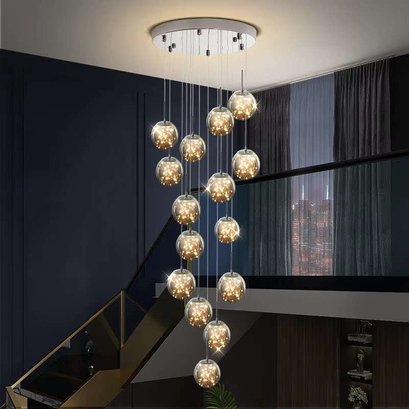 ZHUOYU Moderne LED-Pendelleuchte mit transparenten Glaskugeln in Gold/Messing, dimmbar, ideal für Wohnzimmer und Treppenhaus - Bild 2