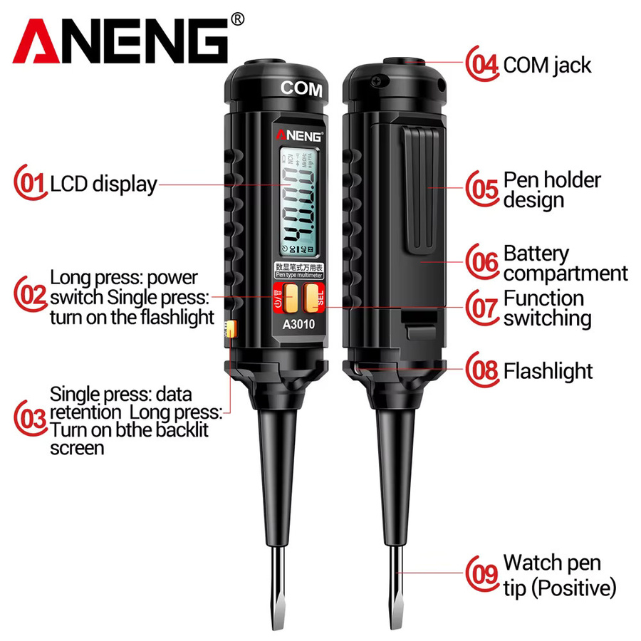 ANENG A3010 Stift-Multimeter True-RMS Digitales Multimeter mit Hintergrundbeleuchtung und LCD in Schwarz - Bild 4