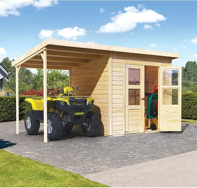 Karibu Holz-Gartenhaus Neuenburg Natur mit Anbaudach und Pultdach, Breite: 370 cm, Tiefe: 210 cm - Bild 1