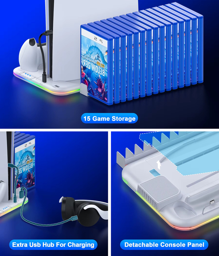 BEBONCOOL Kühlständer und Gamepad-Ladestation für PS5 Pro, PS5 und PS5 Slim in Weiß mit CD-Aufbewahrungsregal - Bild 6