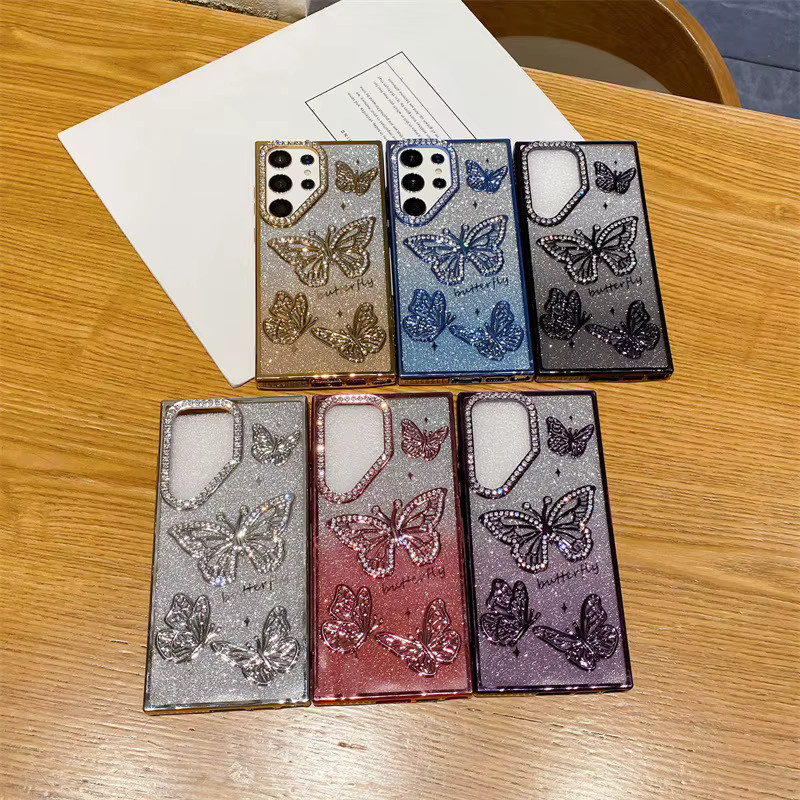 Stoßfeste Samsung Galaxy Handyhülle mit 3D-Glitzer-Diamant-Schmetterling und Farbverlauf in Schwarz und Multicolour für Samsung Galaxy S25 S24 S23 Ultra Plus FE - Bild 2