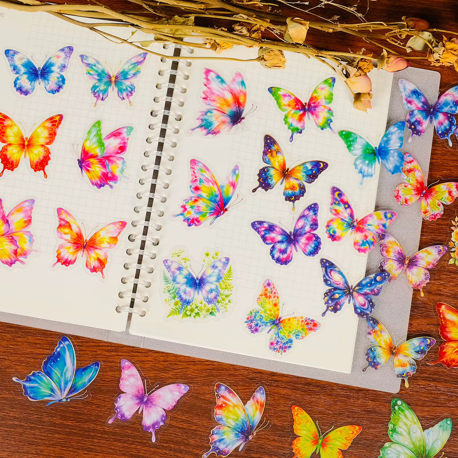 56 Stück Aquarell Schmetterlings PET Aufkleber mit Regenbogen Farbverlauf in Multicolour zur Dekoration von Briefpapier und Kunstprojekten - Bild 2