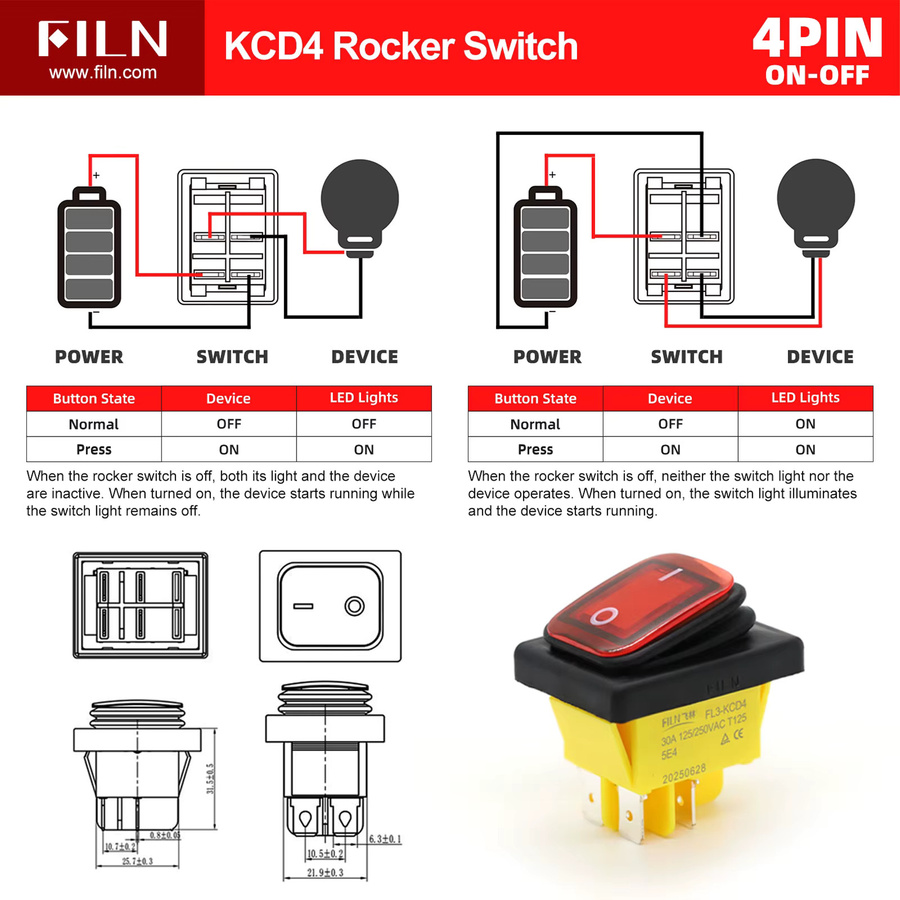 FILN Heavy Duty IP68 wasserdichter LED-Kippschalter T8530A12V/220V in Blau, Rot oder Grün für Auto und Marine - Bild 5