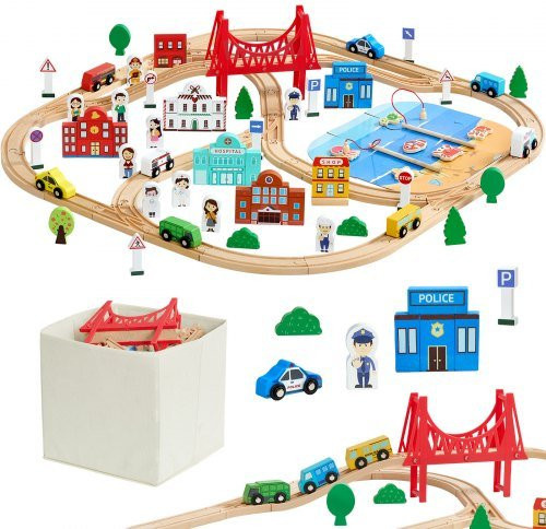VEVOR Holzeisenbahn Set, Stadtlandschaft-Eisenbahnspielset, 113-teiliges Set, ab 3 Jahre - Bild 1