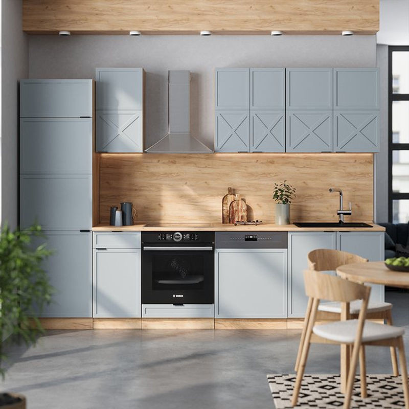 Moderne Küchenzeile Fame-line von Vicco in Hellblau-grau und Goldkraft Eiche mit Breite: 300 cm - Bild 1