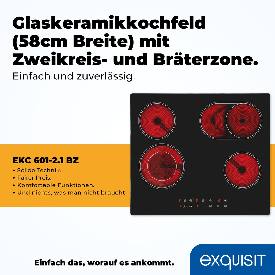 Exquisit EKC 601-2 BZ Autark-Glaskeramikfeld, Schwarz, Einbaukochfeld mit Timer und Kindersicherung - Bild 3