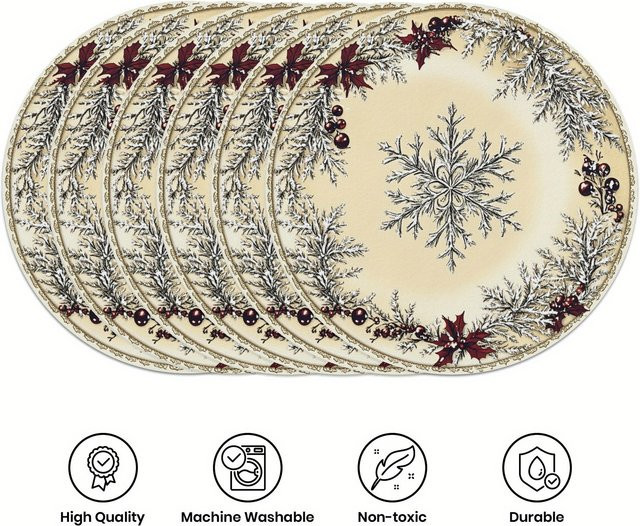 VIKAMA 6er Set Weihnachtliche Tischsets aus Leinen mit Holly- und Schneeflocken-Design in Rot und Mehrfarbig, Rund - Bild 1