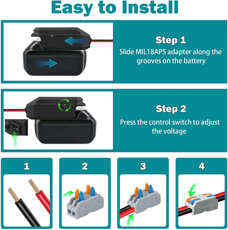 Power Wheel Adapter 18V auf 12V Step-Down-Konverter für Makita, Dewalt, Milwaukee und Bosch Akkus mit Zigarettenanzünder-Adapter in Schwarz - Bild 3