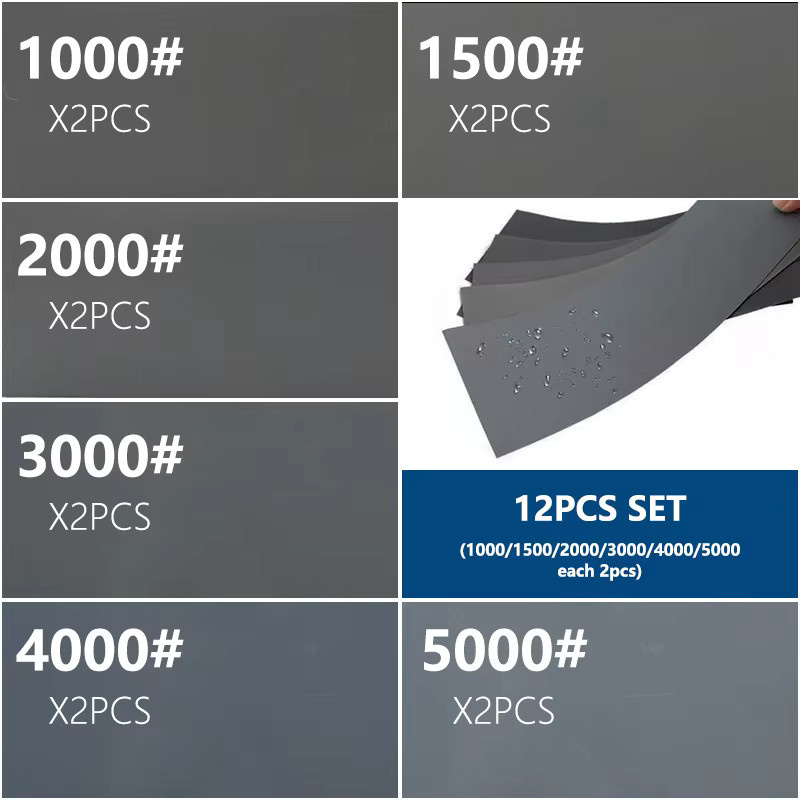 CMCP 12-teiliges Schleifpapier-Set für Nass- und Trockenschleifen, Körnung 1000 bis 5000, Grau, ideal zum Polieren von Metall, Kunststoff und Autos - Bild 4