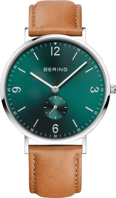 Bering Herrenuhr Classic, Quarz, Edelstahl, Leder, 40 mm, Grün - Bild 1