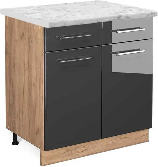 Vicco Küchenunterschrank Fame-Line in Anthrazit Hochglanz und Goldkraft Eiche mit Marmor-Optik, Breite: 80 cm - Bild 1