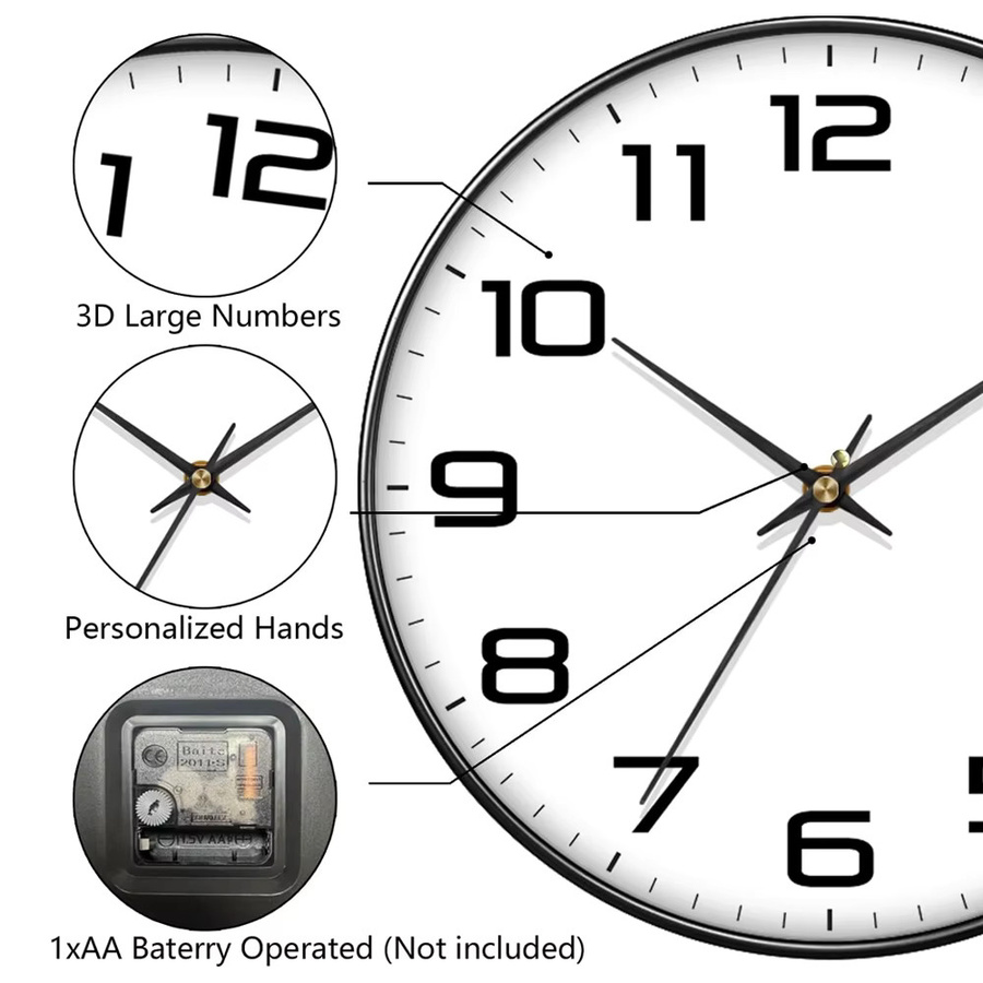 Mabpedo Klassische runde Wanduhr mit Glas und großen Ziffern in Schwarz oder Weiß - Bild 3