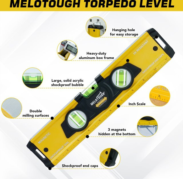 MELOTOUGH Torpedo-Wasserwaage aus Aluminium mit Magnet und Zollskala, Blau-Gelb, Breite: 30,5 cm - Bild 1