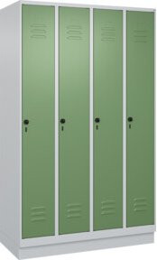 C+P Spind Classic PLUS Garderobenschrank mit Sockel, 4 Abteile, Farbe Grau/Grün, H x B x T: 195 x 120 x 50 cm, mit Sicherheits-Drehriegel, 4 Garderobenhaken und mittiger Trennwand - Bild 1