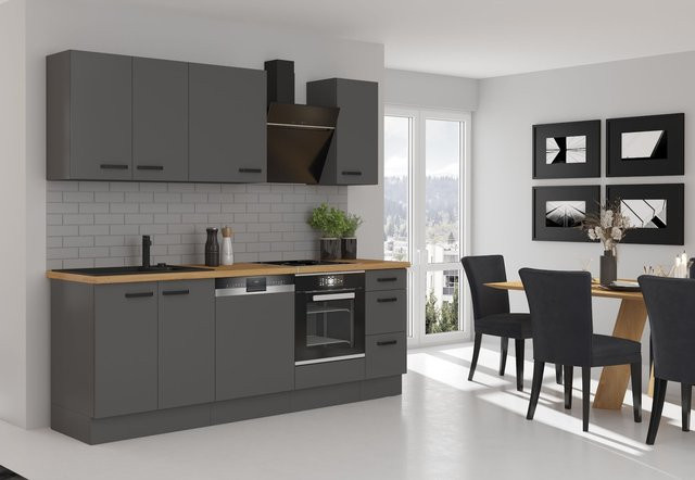 Küchenzeile NESSA Basic in Anthrazit Grau, moderne Einbauküche mit matten Fronten, Breite: 240 cm - Bild 1