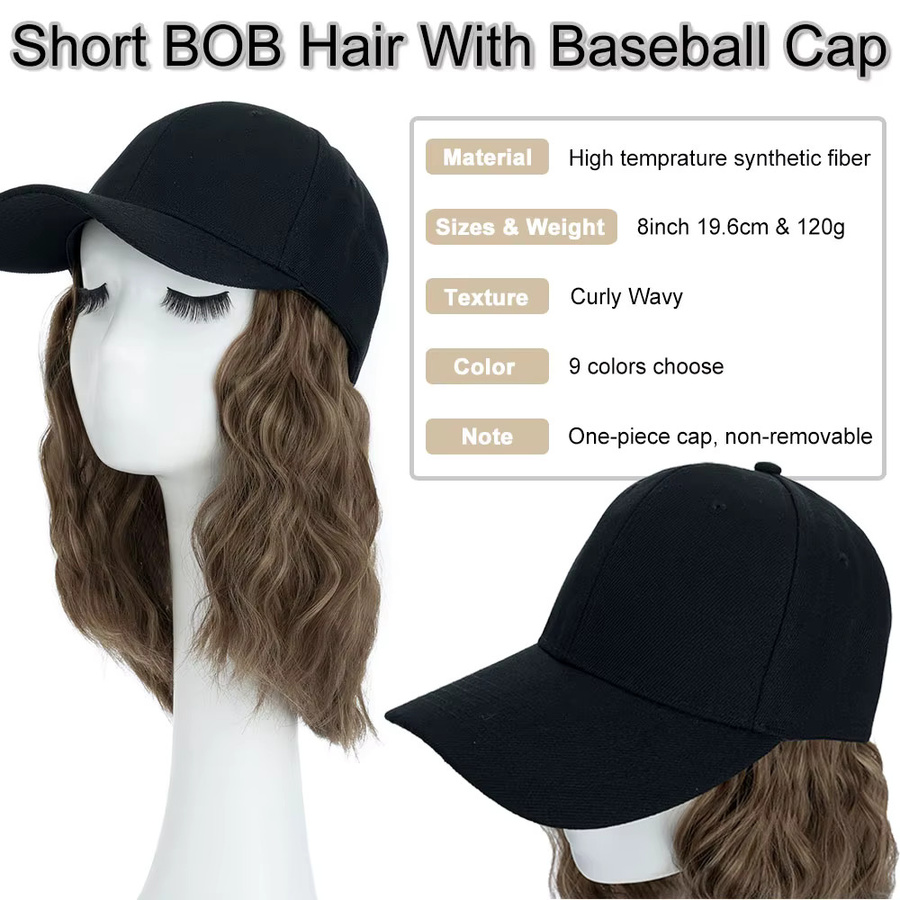 Snoilite Baseballkappe mit Haarverlängerungen, lockige Bob-Perücke, Damen - Bild 4