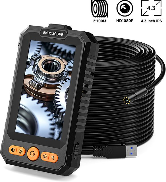 BUMBORN Industrielles Endoskop mit 4,3 Zoll IPS-Display, 1080P-Kamera und 8 mm Kamerakopf, IP67-Inspektionskamera für Rohrleitungen, Schwarz, 2–100 m - Bild 1