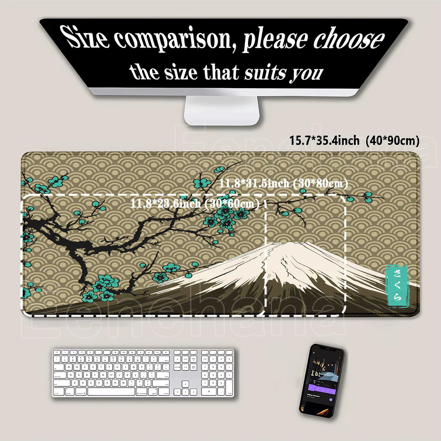 Eenehana XXL Mauspad Japanisches Sakura Mount Fuji Design aus Naturkautschuk für Büro und Laptop - Bild 2