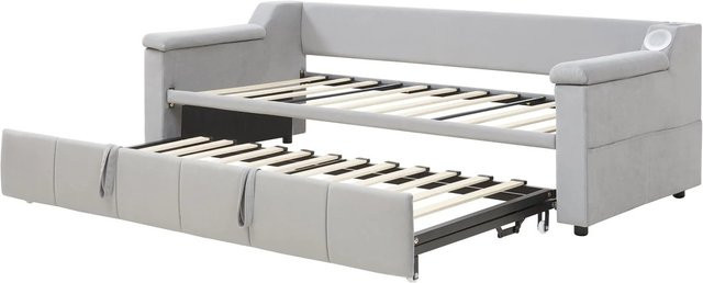 Merax Schlafsofa aus Samt in Hellgrau mit USB-Ladeanschluss, Bluetooth und integriertem Bettseitengestell, B/T/H: 90 x 190 x 126 cm - Bild 1