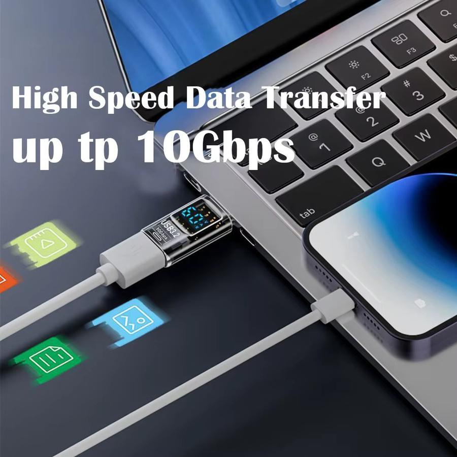Digitaler USB-C-Leistungstester mit LED-Anzeige und Smart Chip für USB 3.2 Datenübertragung 10 Gbit/s, transparent - Bild 5