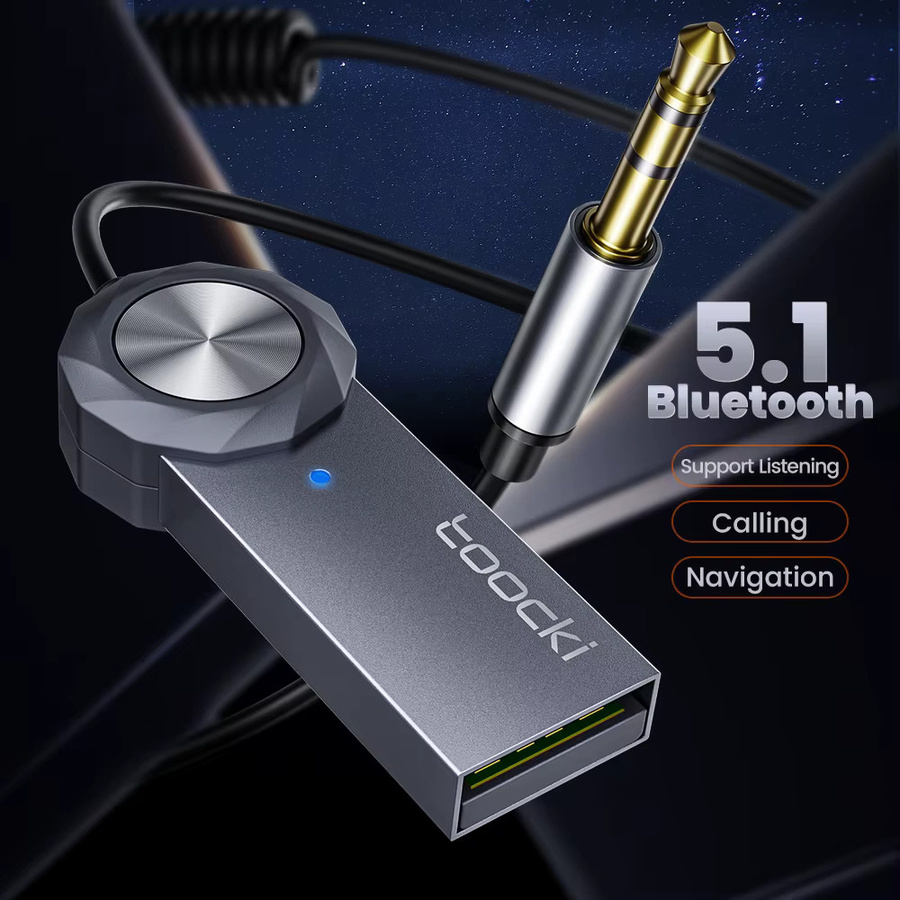 Toocki Bluetooth 5.1 Car Audio Receiver Adapter Dongle mit Federkabel, USB auf 3,5 mm Klinke, Freisprech-Kit für Car Audio BT Sender, Grau - Bild 2