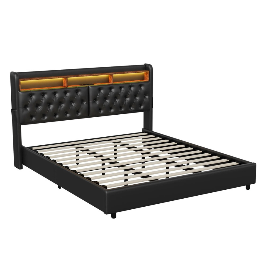 PXloue Doppelbett mit hydraulischem Stauraum aus Kunstleder in Schwarz mit USB-Ladeport und Unterbettbeleuchtung, B/T/H: 180 x 200 x 186 cm - Bild 2