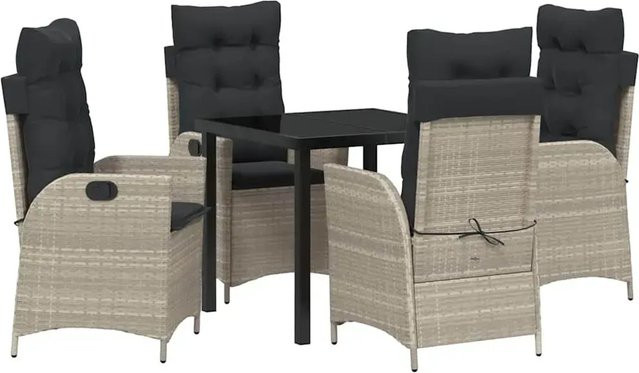 vidaXL Garten Essgruppe 5-teilig aus Poly-Rattan und Glas in Hellgrau, Tisch und 4 Stühle für Terrasse und Garten, B/T/H: 300 x 80 x 73 cm - Bild 1