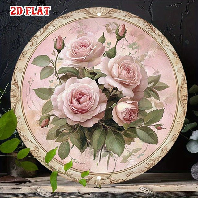 CIFBUY Metall-Wandkunst mit rosa Blumenmuster, rundes Wanddekor im Vintage-Stil - Bild 1