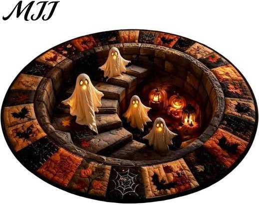 Runder Halloween Teppich mit 3D Spuktreppen-Motiv von JoyHive, bunter Anti-Rutsch Teppich aus Polyester, Durchmesser: 60 cm - Bild 1