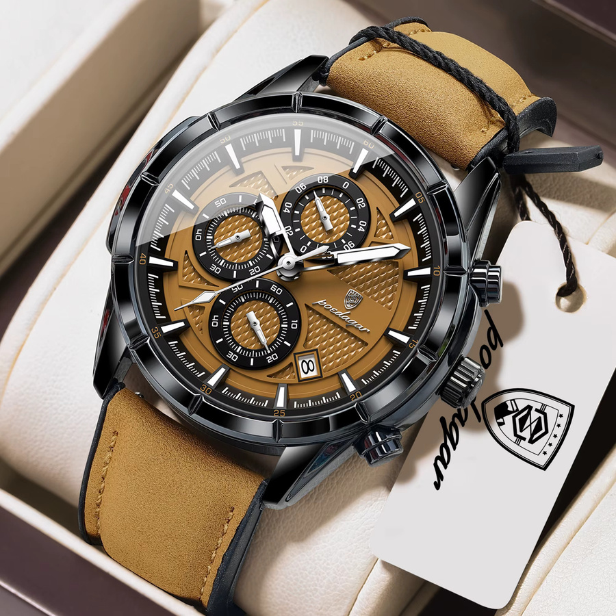POEDAGAR Armbanduhr, Quarz, Leder, Schwarz, Chronograph, Herren - Bild 2