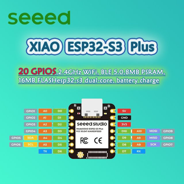 Seeed XIAO ESP32S3 Plus Mikrocontroller mit 20 GPIOs, 2,4GHz WLAN, BLE 5.0, 8MB PSRAM, 16MB FLASH und Batterie-Ladefunktion in Schwarz - Bild 1