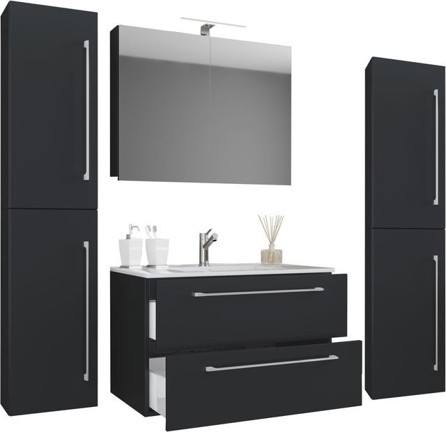 VCM Badmöbel-Set Badinos 5-tlg. Waschplatz in Schwarz Matt mit Spiegelschrank und Hochschränken, Breite: 80 cm, Höhe: 150 cm, Tiefe: 46 cm - Bild 1