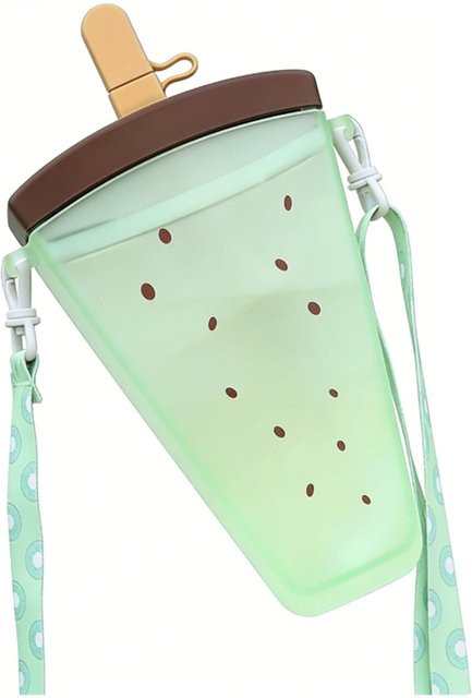 Koogeelife Kinder-Wasserflasche mit Strohhalm und verstellbarem Riemen, auslaufsicher und wiederverwendbar, Farbe: Grün Kiwi - Bild 1
