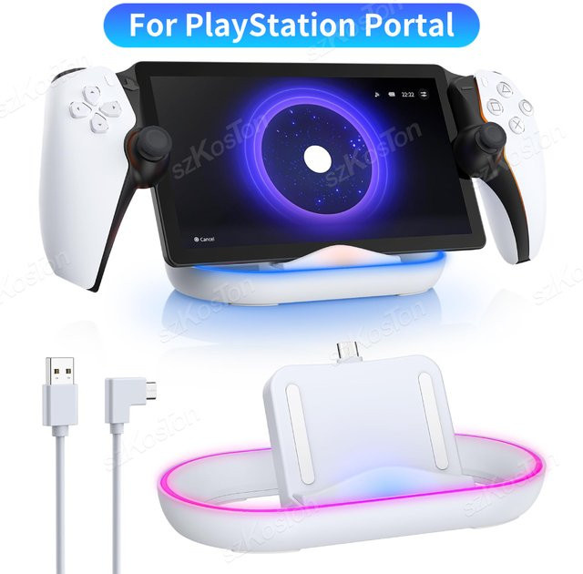 SZKOSTON Ladestation für Playstation Portal mit RGB-Licht und USB-C-Kabel, Weiß - Bild 1