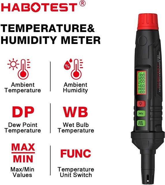 HABOTEST HT62 4-in-1 digitales Psychrometer, tragbares Thermo-Hygrometer als Temperatur- und Luftfeuchtigkeitsmesserstift in Schwarz - Bild 1