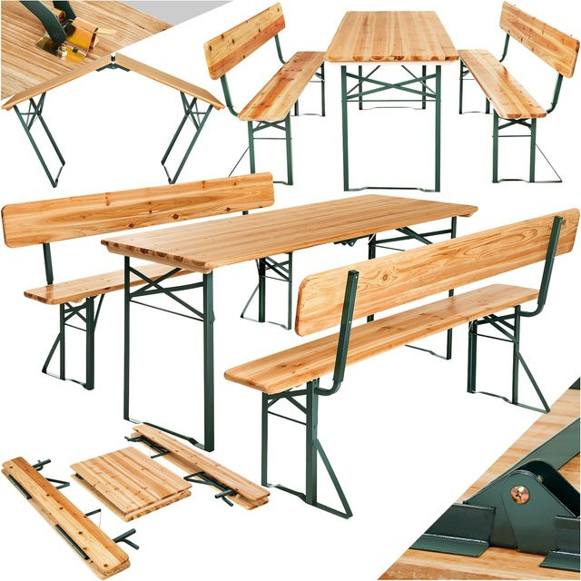 tectake Bierzeltgarnitur Franz Ii 3-teilig aus Tannenholz in Braun, klappbar mit abnehmbaren Rückenlehnen, Tisch B/T/H: 170 x 69 x 77 cm, Bank B/T/H: 170 x 41 x 83 cm - Bild 1