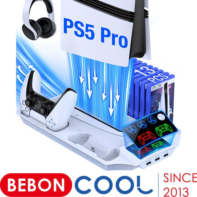BEBONCOOL Kühlständer für PS5, PS5 Slim und PS5 Pro mit Kopfhörerhaken, Controller-Ladegerät und 3-stufigem Lüfter, Farbe: Weiß - Bild 1