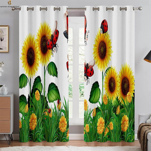 2er-Set Vorhänge mit Retro Sonnenblumen und Alphabet-Print in Schwarz und Multicolour, halbtransparent, Breite: 50 cm, Höhe: 130 cm - Bild 1