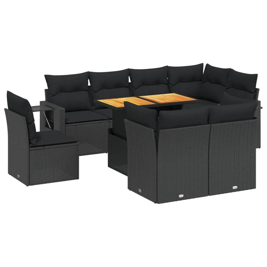vidaXL 9-teilige Garten-Sofagarnitur in L-Form aus schwarzem Poly-Rattan mit Kissen und Akazienholz - Bild 2