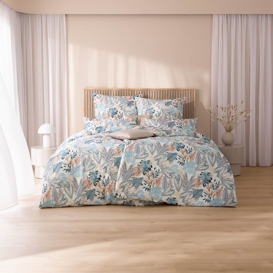 Estella Mako-Satin Bettwäsche Liane azur beige Blätter mit floralem Design, B/H: 155 x 220 cm und Kissenbezug 40 x 80 cm - Bild 1