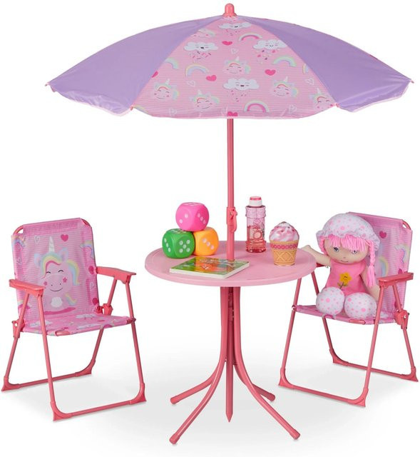 Relaxdays Kindersitzgruppe Einhorn aus Eisen, Kunststoff und Polyester mit Schirm, B/T/H: 53 x 36 x 37,5 cm - Bild 1