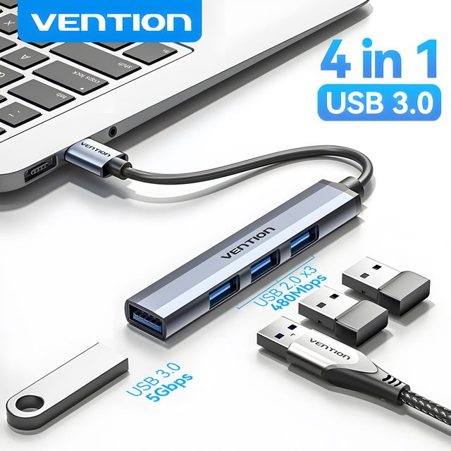 Vention USB 3.0 Hub 4-in-1 Metall-Splitter mit USB 2.0 OTG Adapter in Silber - Bild 1