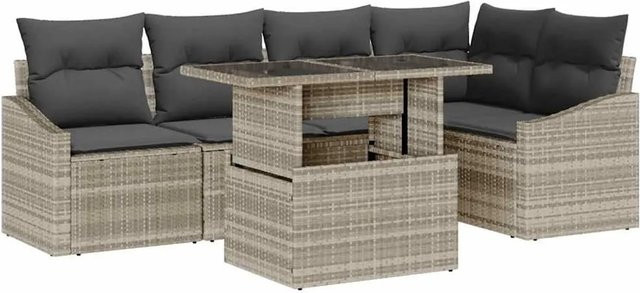 vidaXL Garten-Sofa-Set aus Poly-Rattan mit Kissen und Speicherfunktion, 6-teilig, Hellgrau - Bild 1