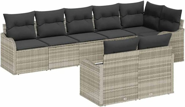 vidaXL Garten-Sofa-Set aus Polyrattan in Grau, 8-teilige L-Shape Lounge-Garnitur mit Kissen für Terrasse und Garten - Bild 1