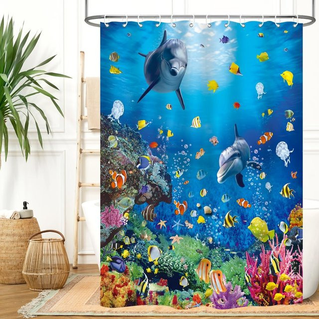Dai Jiaochuan Duschvorhang Ozean Unterwasserwelt mit Tropenfischen und Schildkröten, Blau/Mehrfarbig, B: 60 cm, H: 190 cm - Bild 1