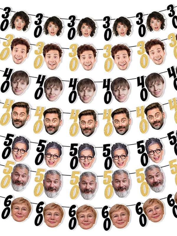 Joy-enlife Personalisierte Geburtstag Party Girlande aus Papier in Schwarz und Gold mit Foto-Gesichtern für Erwachsene - Bild 4
