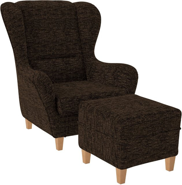 Supellex Sofia Ohrensessel mit Hocker aus meliertem Webstoff in Braun Mocca - Bild 1