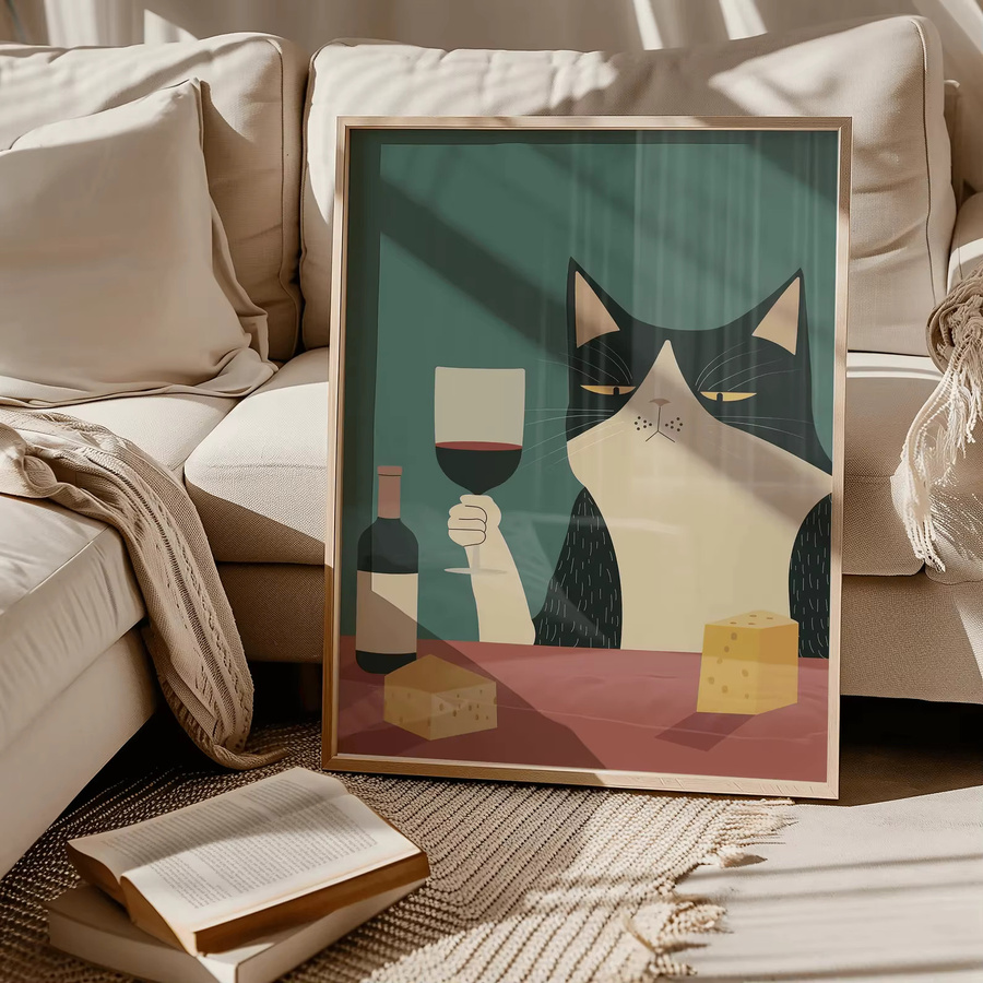 Modernes Katzen-Wein-Poster aus Papier in Mehrfarbig für deine Küchen- oder Bar-Dekoration - Bild 2