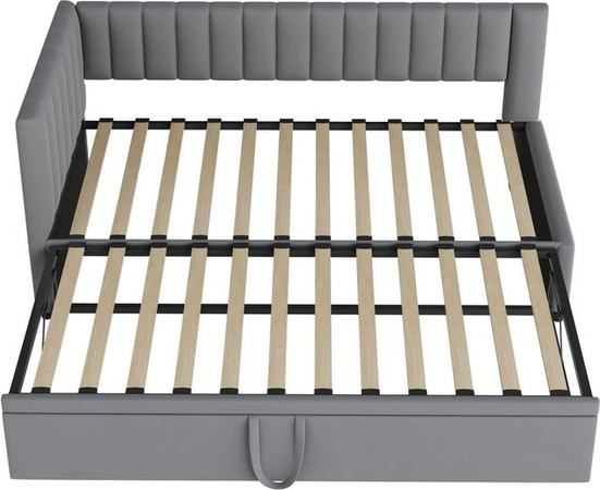KOMHTOM L-förmiges Schlafsofa mit Ausziehbett aus Samt in Grau, platzsparendes Polsterbett mit Holzrahmen für Kinder oder Gäste, Maße: B/T/H: 90 x 200 x 75 cm (Ausziehfunktion auf 180 x 200 cm)