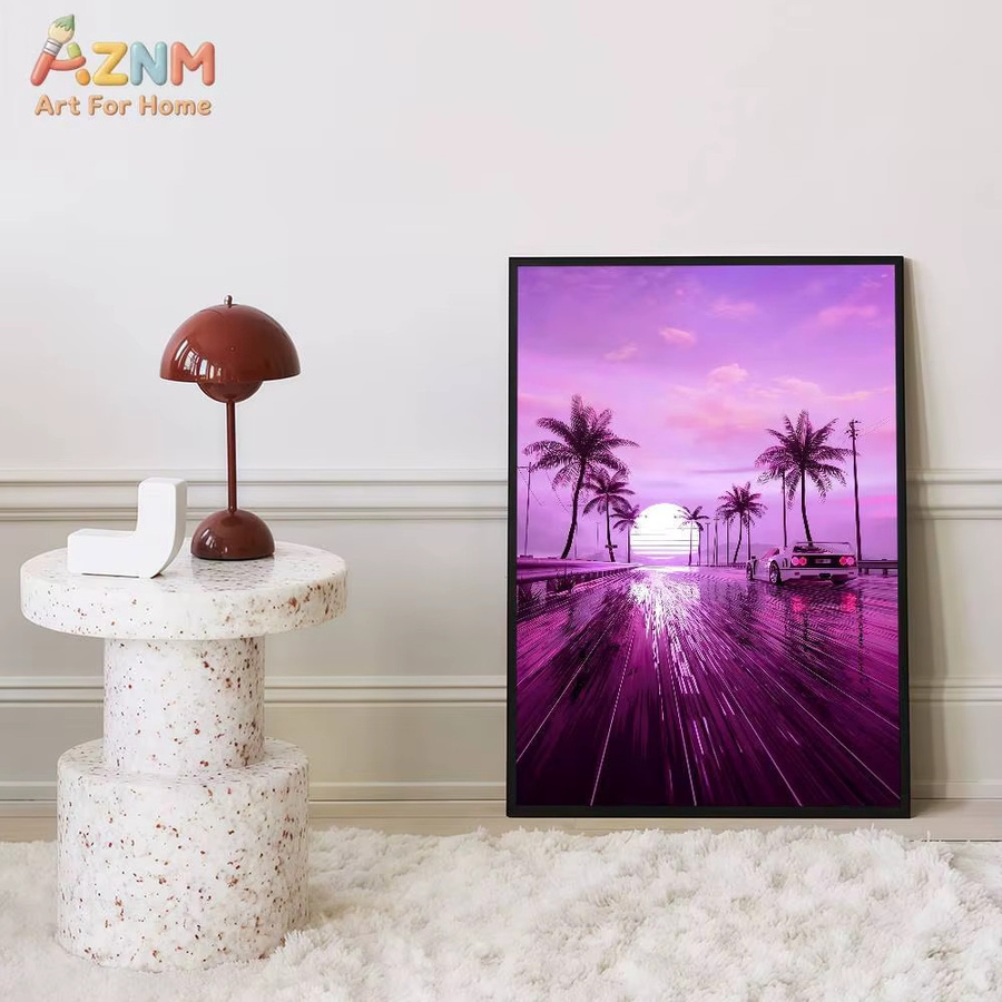 AZNM Synthwave Neon City Leinwand-Wandkunst im Retro-Stil der 80er Jahre mit Sportwagen und Palmen-Druck - Bild 5